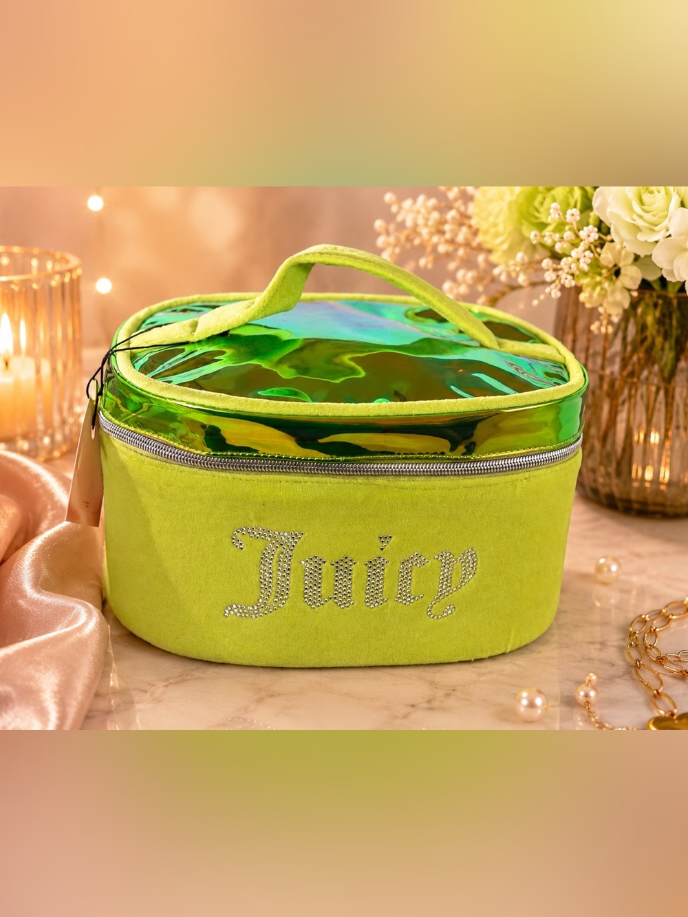Juicy Couture Lime Green Holographic Top Cosmetic Travel Case